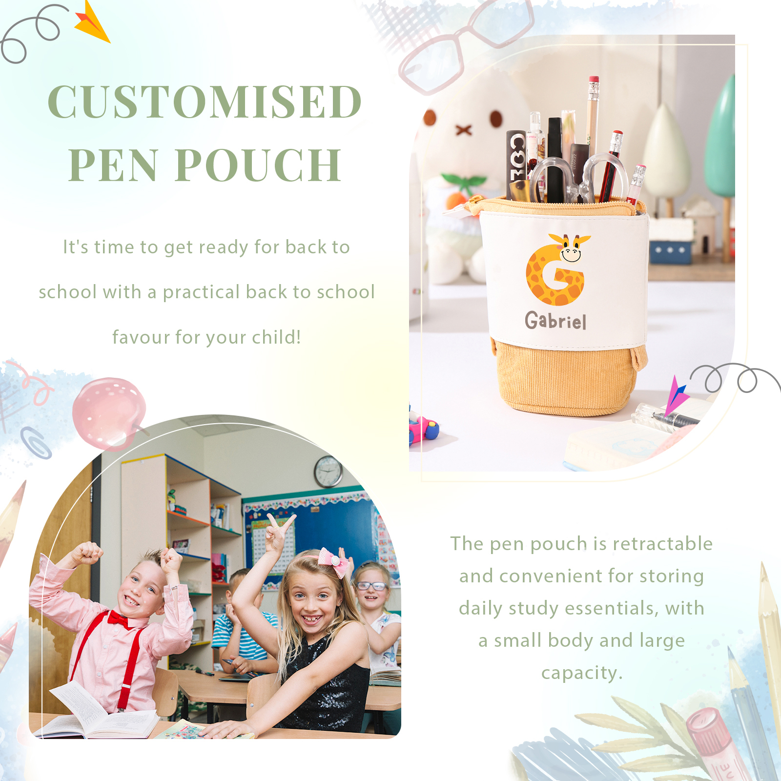 Trousse scolaire Étui à Crayons Animal Prénom et Lettre Personnalisés Pochette à Crayons Sac à Crayons