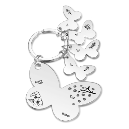 À Maman/Mamie - Porte-Clés Papillon 4 Prénoms et Fleurs de Naissance Personnalisés avec Texte 