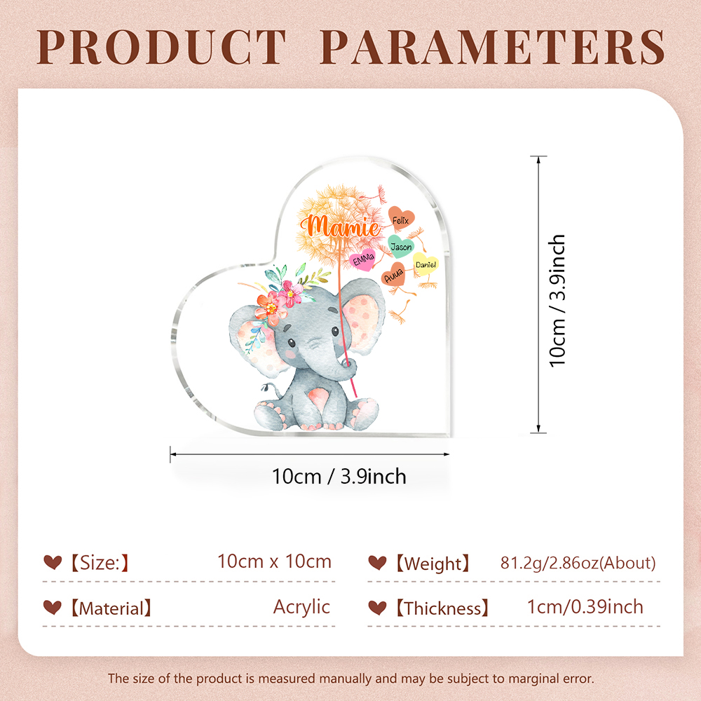 À ma Mamie - Plaque Acrylique Éléphant en Forme de Cœur 5 Prénoms Personnalisés