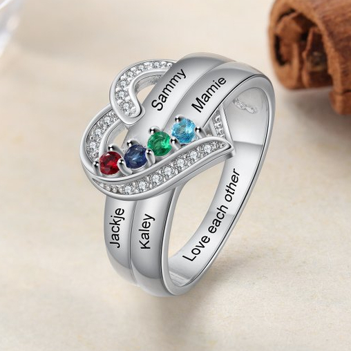Bague Argent 925 4 Prénom Personnalisé avec 4 Pierre de Naissance