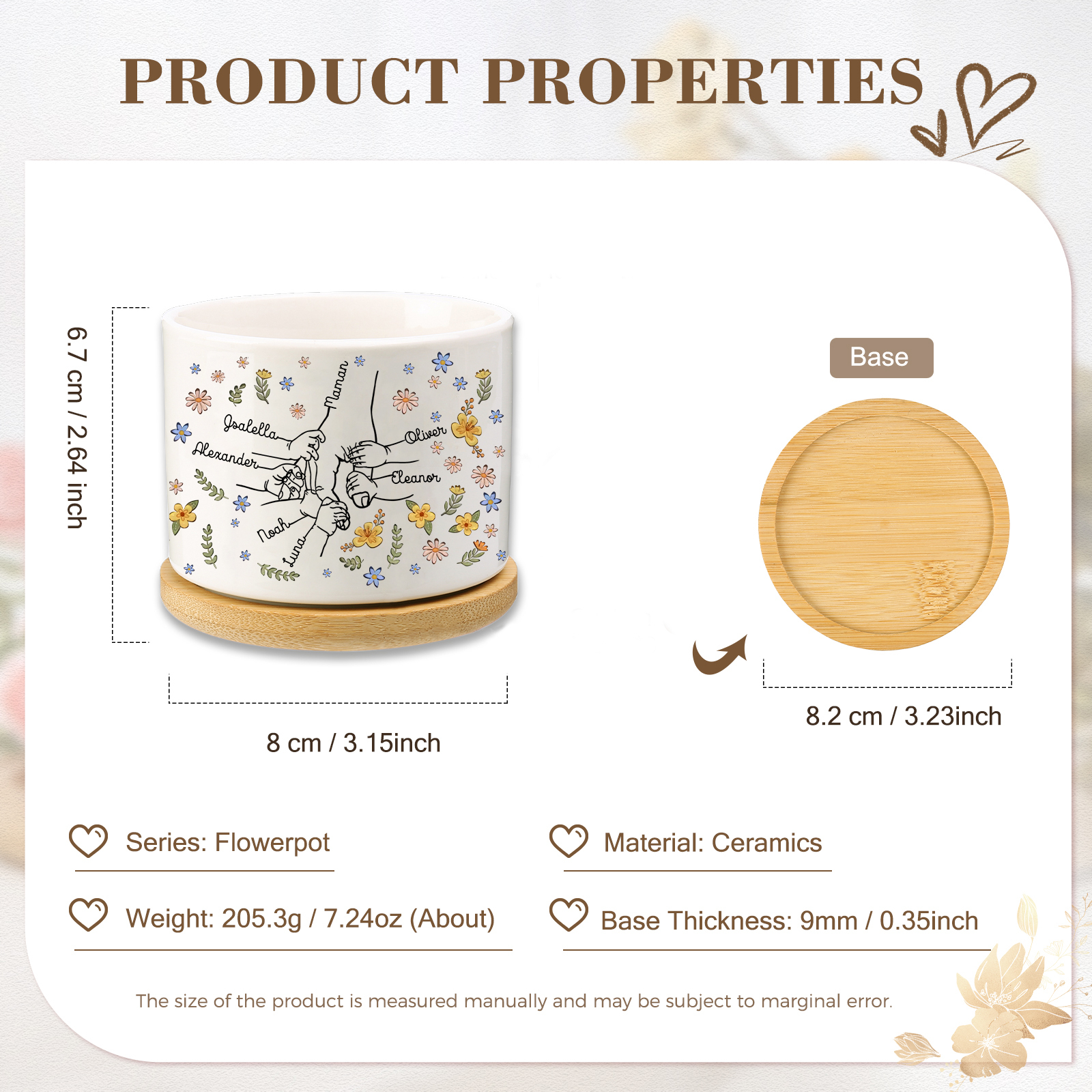 Vase/Pot de Fleurs la main dans la main 7 Prénoms Personnalisés Décoration de la Maison (sans plantes)