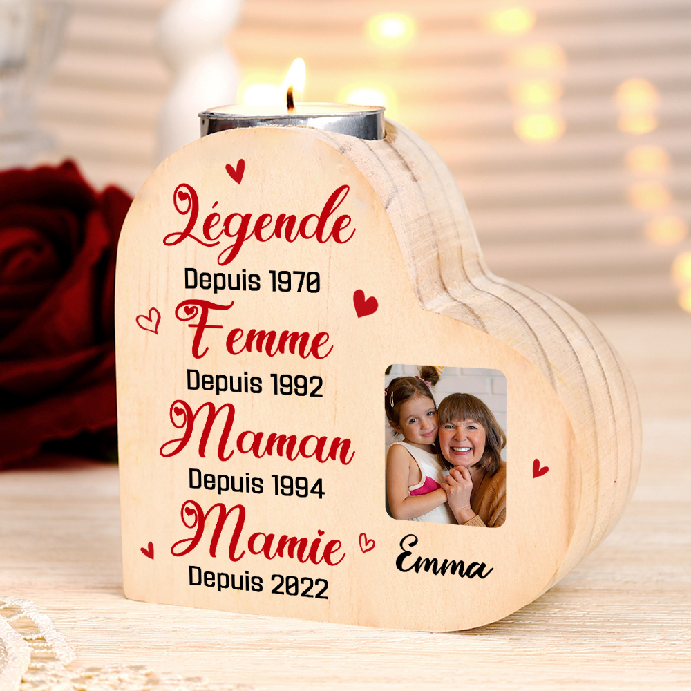 À Ma Mamie - Bougeoir en Bois 1 Prénom et 4 Années Personnalisés avec Photo sans bougie