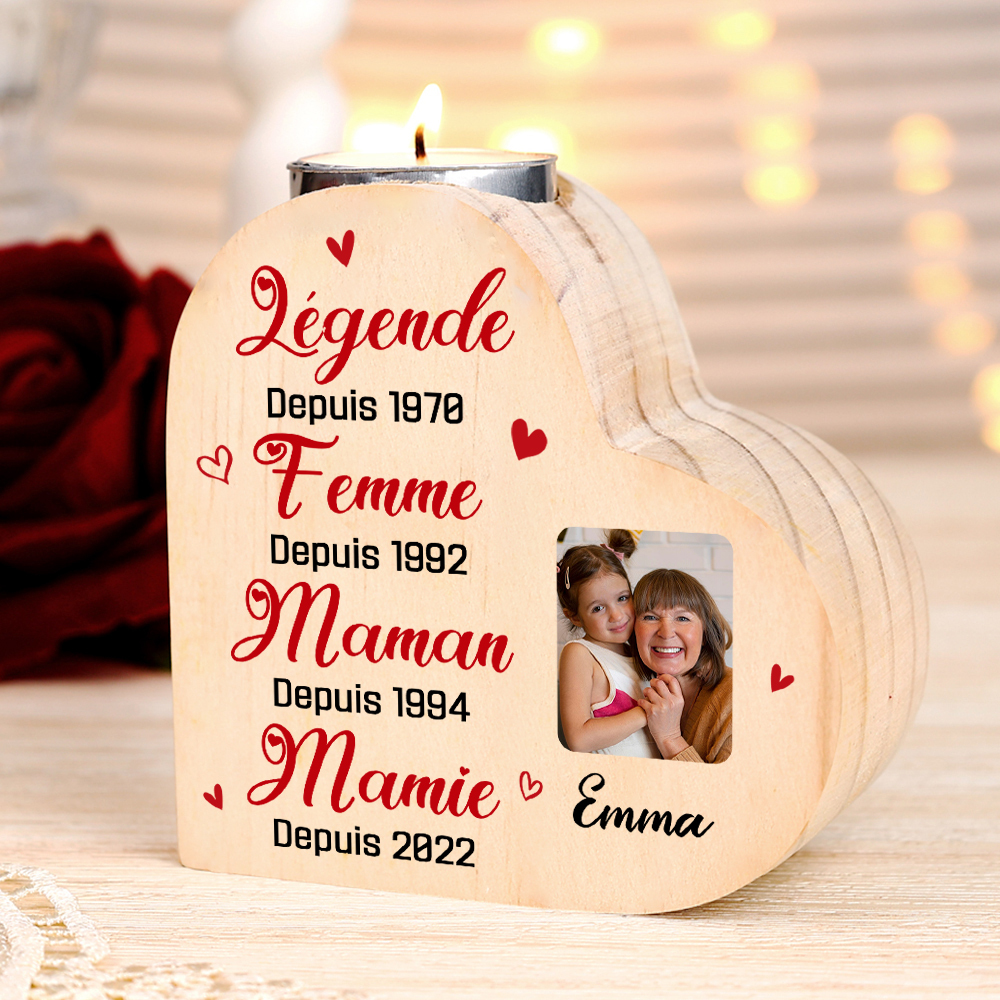 À Ma Mamie - Bougeoir en Bois 1 Prénom et 4 Années Personnalisés avec Photo sans bougie