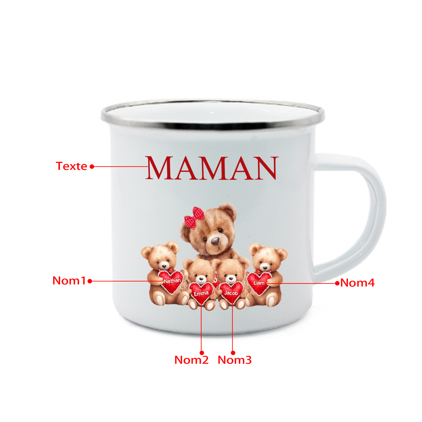 À Maman/Mamie - Tasse émaillée Ours 4 Prénoms Personnalisés