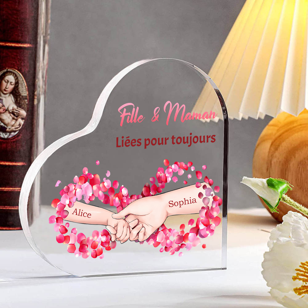 À ma Maman - Plaque Acrylique Maman et Fille en Forme de Cœur 2 Prénoms Personnalisés