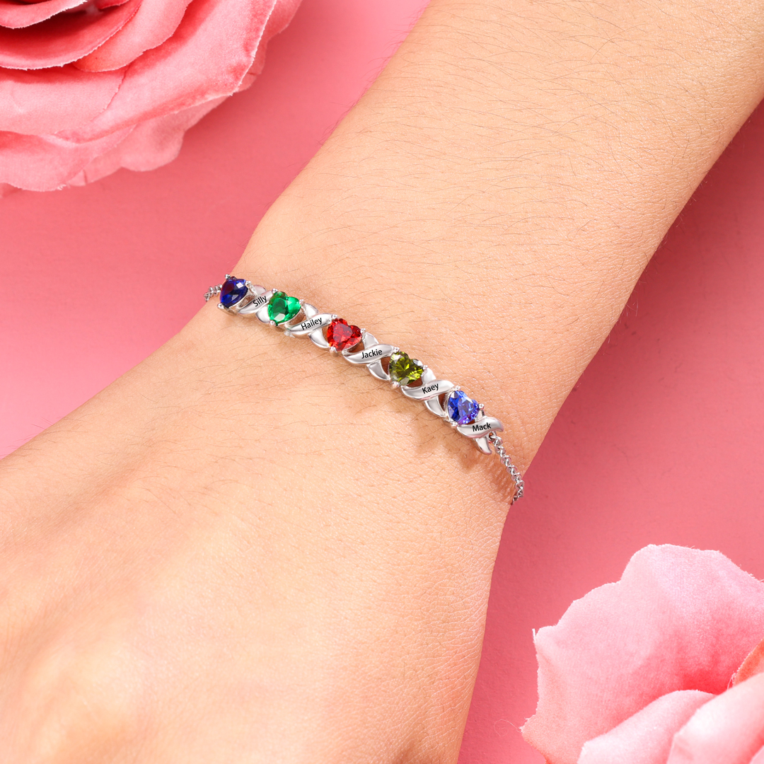 Bracelet à Breloque 3 Prénoms Personnalisé avec 3 Pierres de Naissance