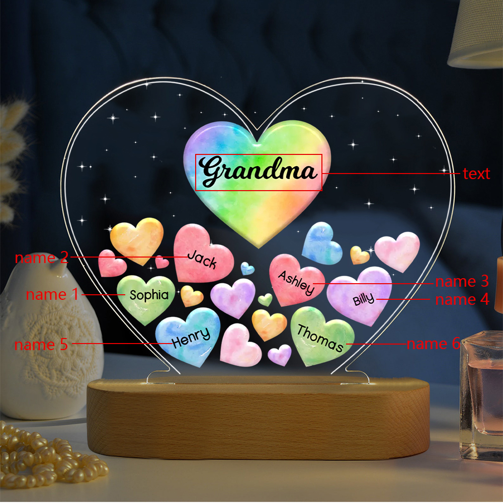 À Maman/Mamie - Lampe de chevet LED Cœurs 6 Prénoms Personnalisés avec 1 Texte