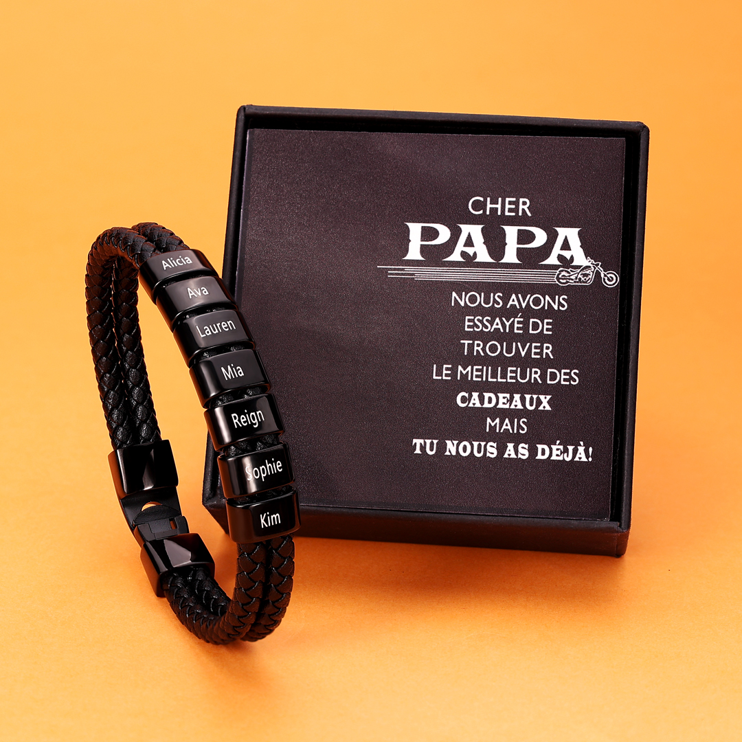 À mon Papa - Bracelet Cuir tressé 7 Perles et Prénoms Personnalisés Bracelet Hommes
