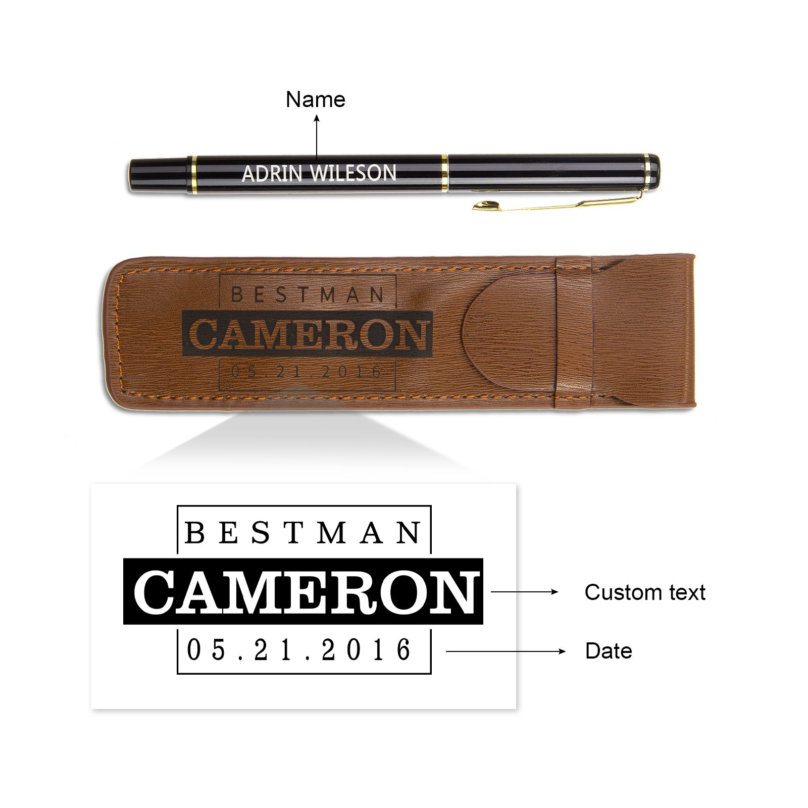 Porte-Stylo en Cuir PU Prénom Personnalisé avec un stylo