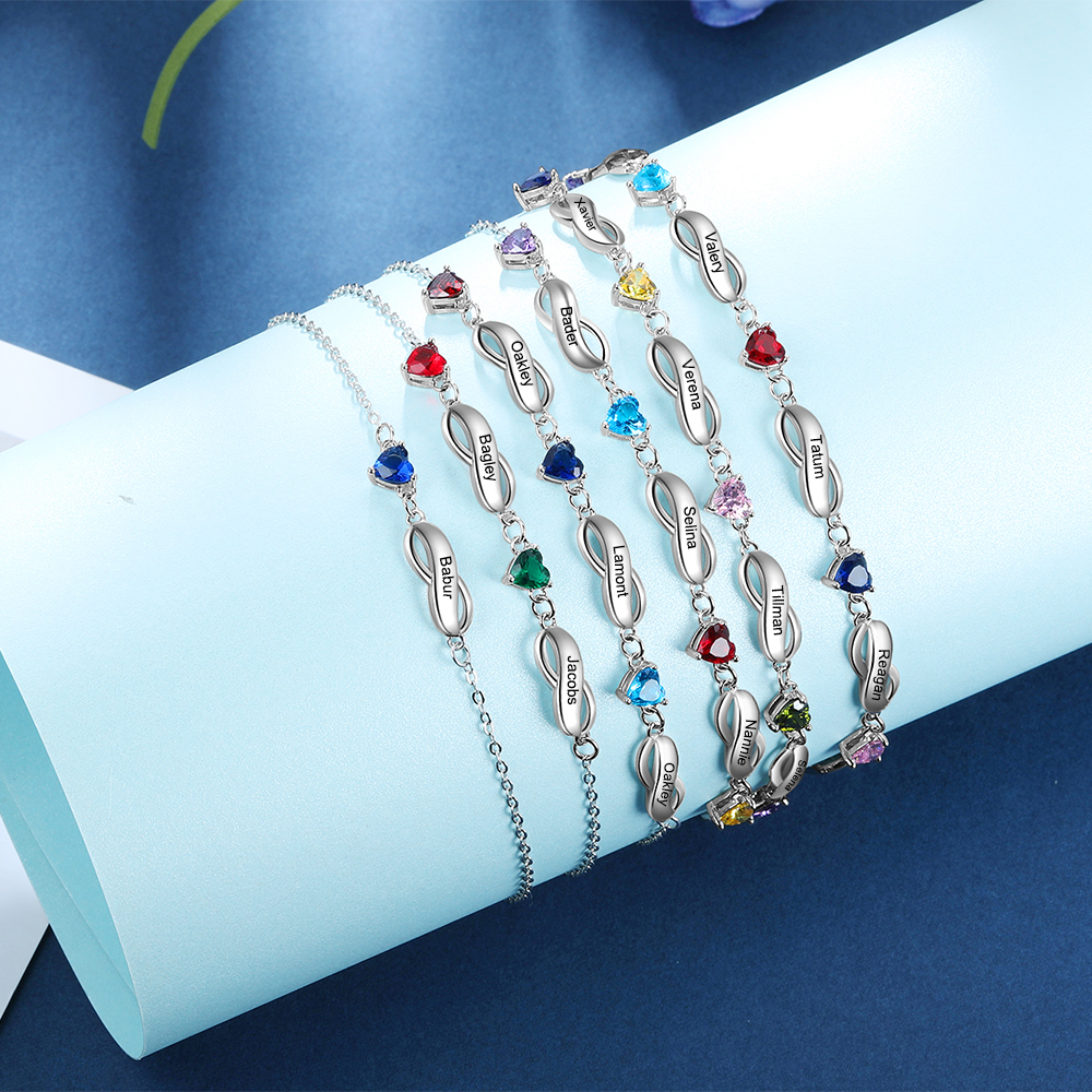Bracelet infini à Breloque coeurs 4 Prénom Personnalisé avec 4 Pierre de Naissance