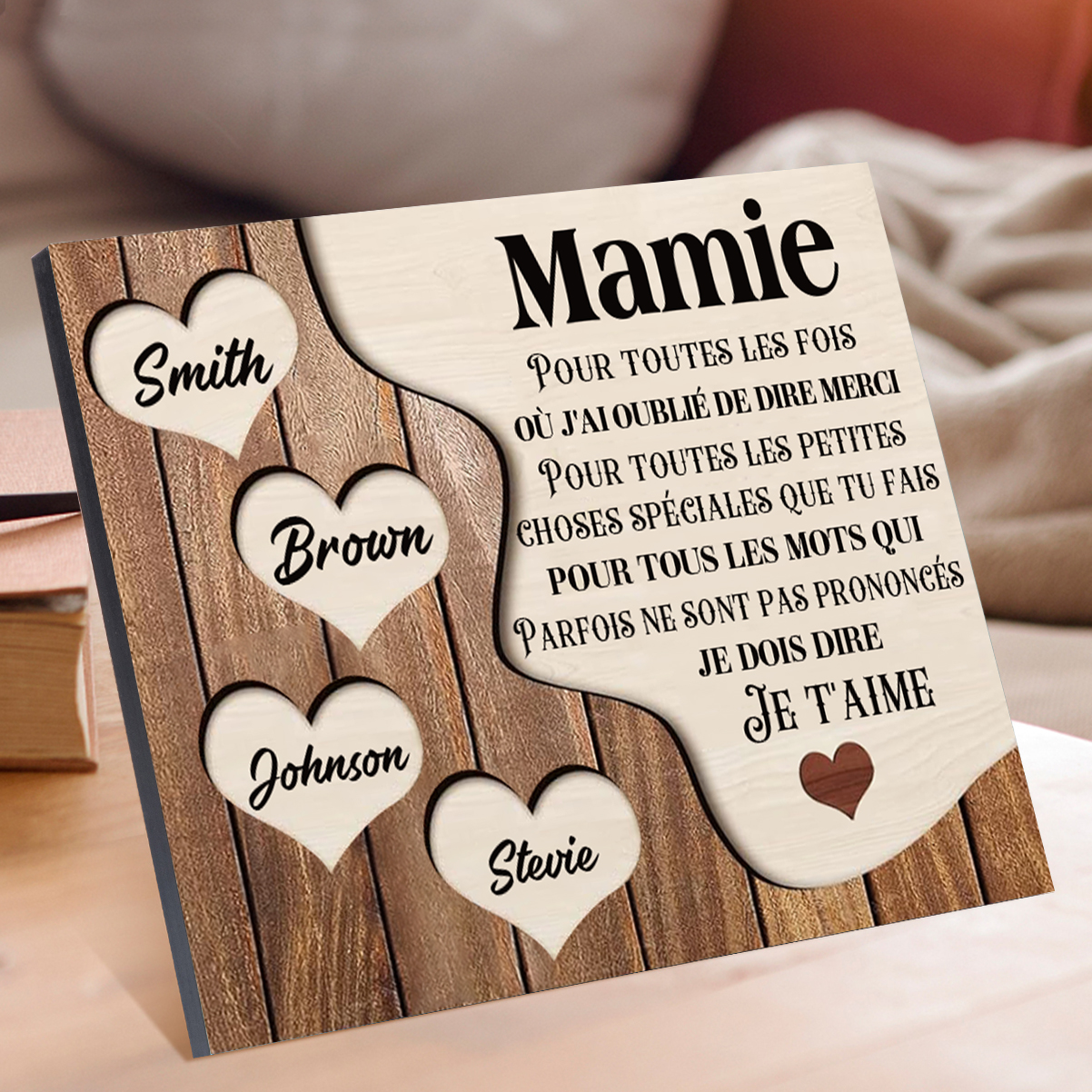 À ma Maman/Mamie - Cadre en Bois 4 Prénoms Personnalisés avec Texte Cadeau pour Famille