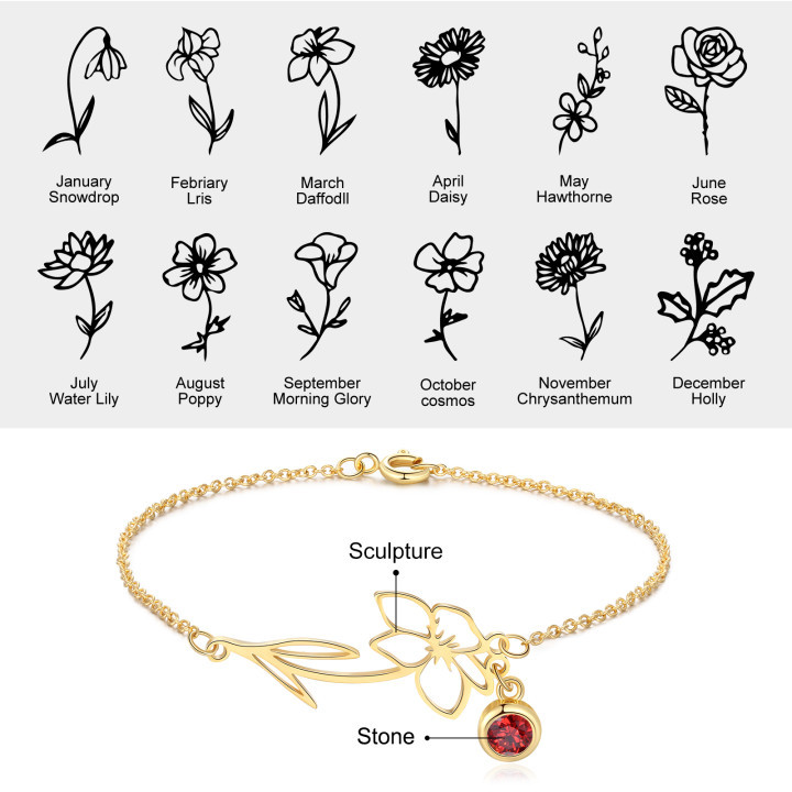 Bracelet Fleur de Naissance Personnalisé avec Pierre de Naissance pour Femme