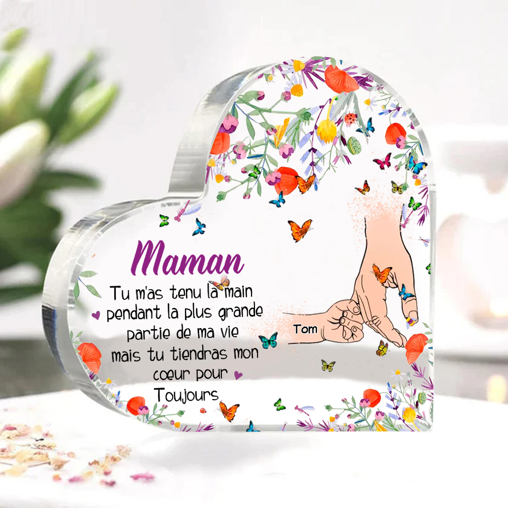 À ma Maman - Plaque Acrylique en Forme de Cœur 1 Prénom Personnalisé la Mian dans la Main