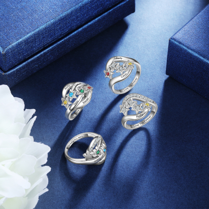 Bague étoilé 4 Prénom Personnalisé avec 4 Pierre de Naissance et texte en Argent 925