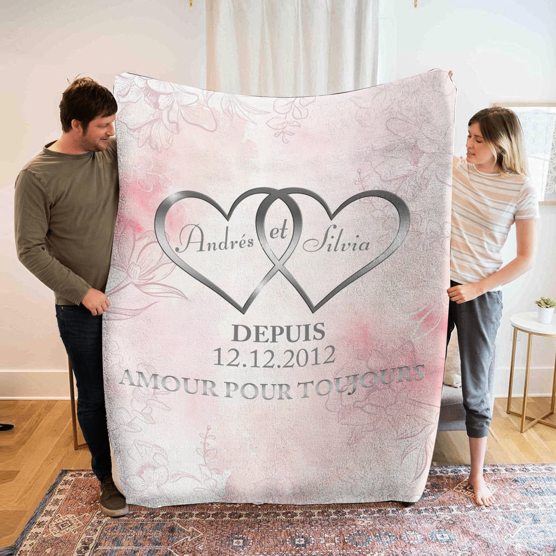 Couverture Plaids Polaire 2 Prénoms Personnalisés avec Date et Texte p