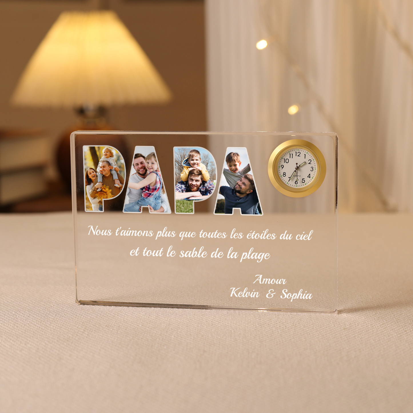 À mon Papa - Plaque Acrylique rectangle avec Horloge 2 Prénoms et 4 Photos Personnalisés