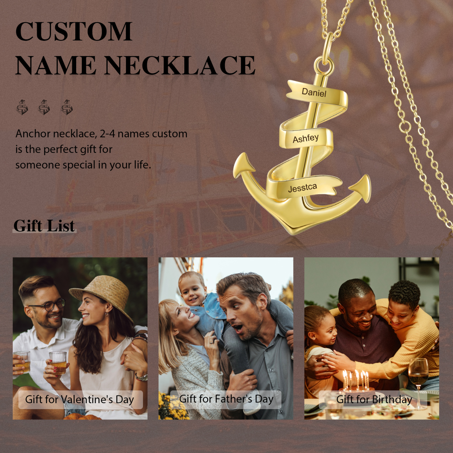 Collier d'ancre marine nautique Pirate ancre pendentif 3 Prénoms Personnalisés Collier Homme