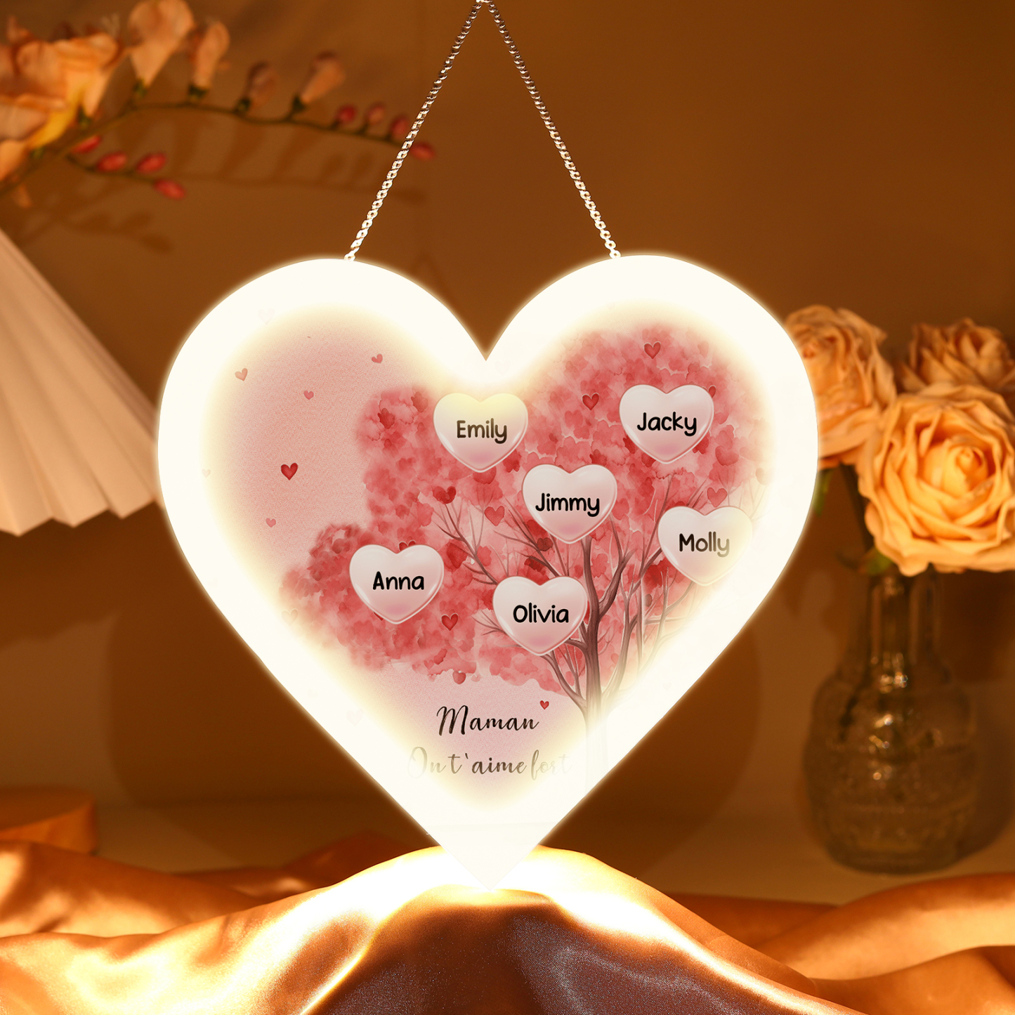 À Maman/Mamie - Veilleuse Cœur Arbre Décoration 6 Prénoms Personnalisés avec 1 Texte
