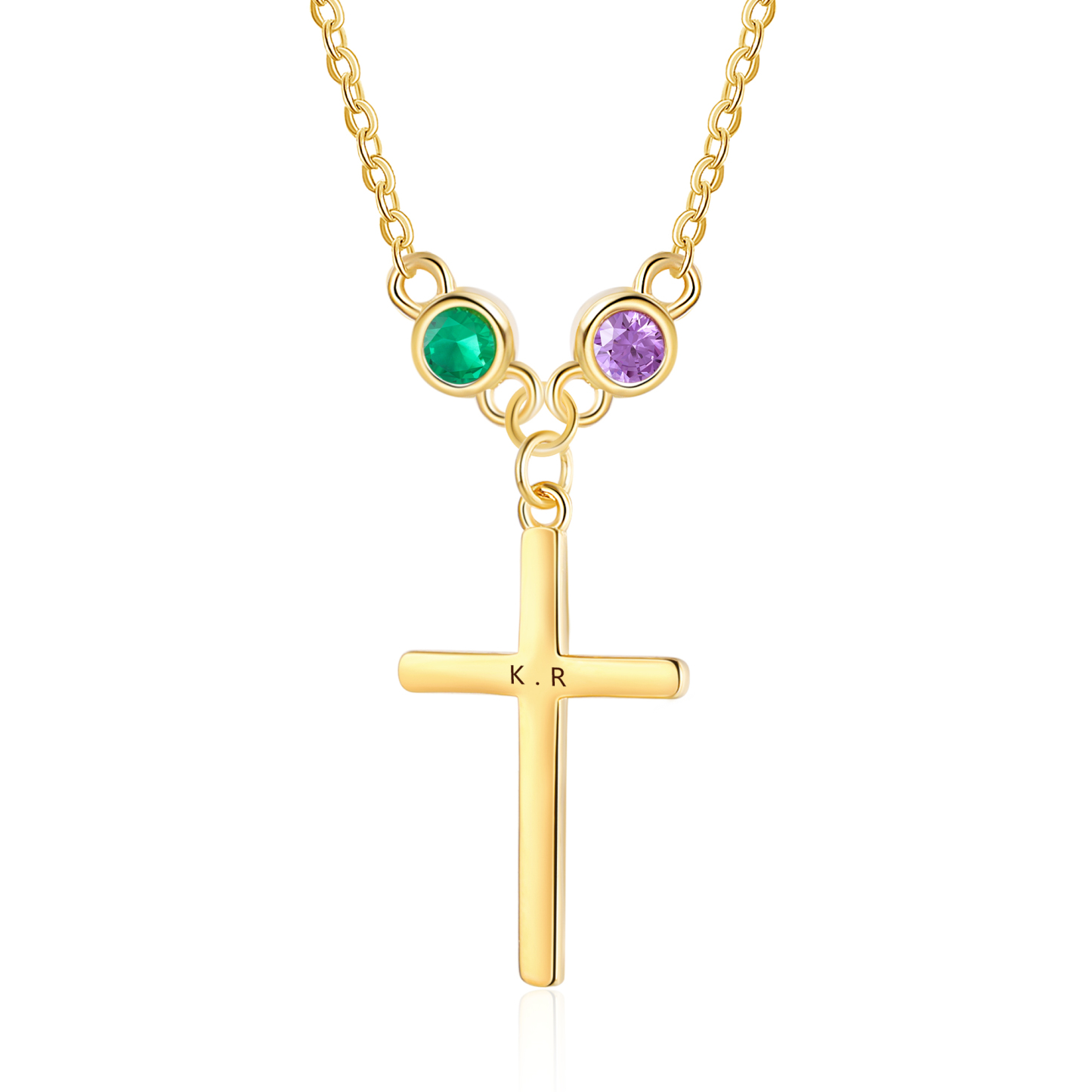 Collier Croix 2 Pierres de Naissance Personnalisés avec Texte Collier pour Femmes