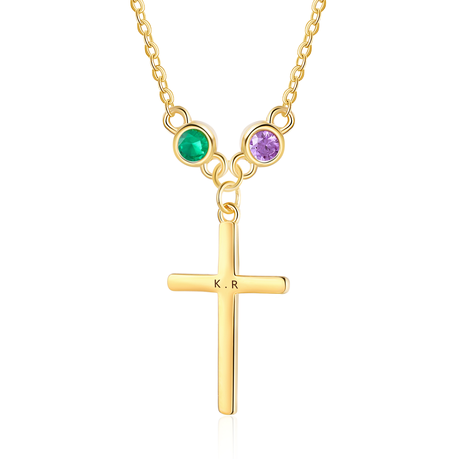 Collier Croix 2 Pierres de Naissance Personnalisés avec Texte Collier pour Femmes