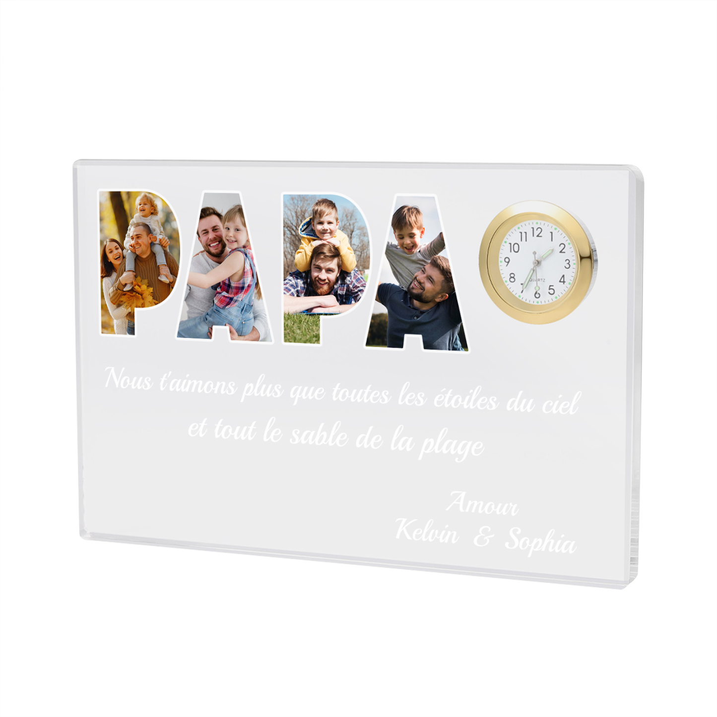 À mon Papa - Plaque Acrylique rectangle avec Horloge 2 Prénoms et 4 Photos Personnalisés