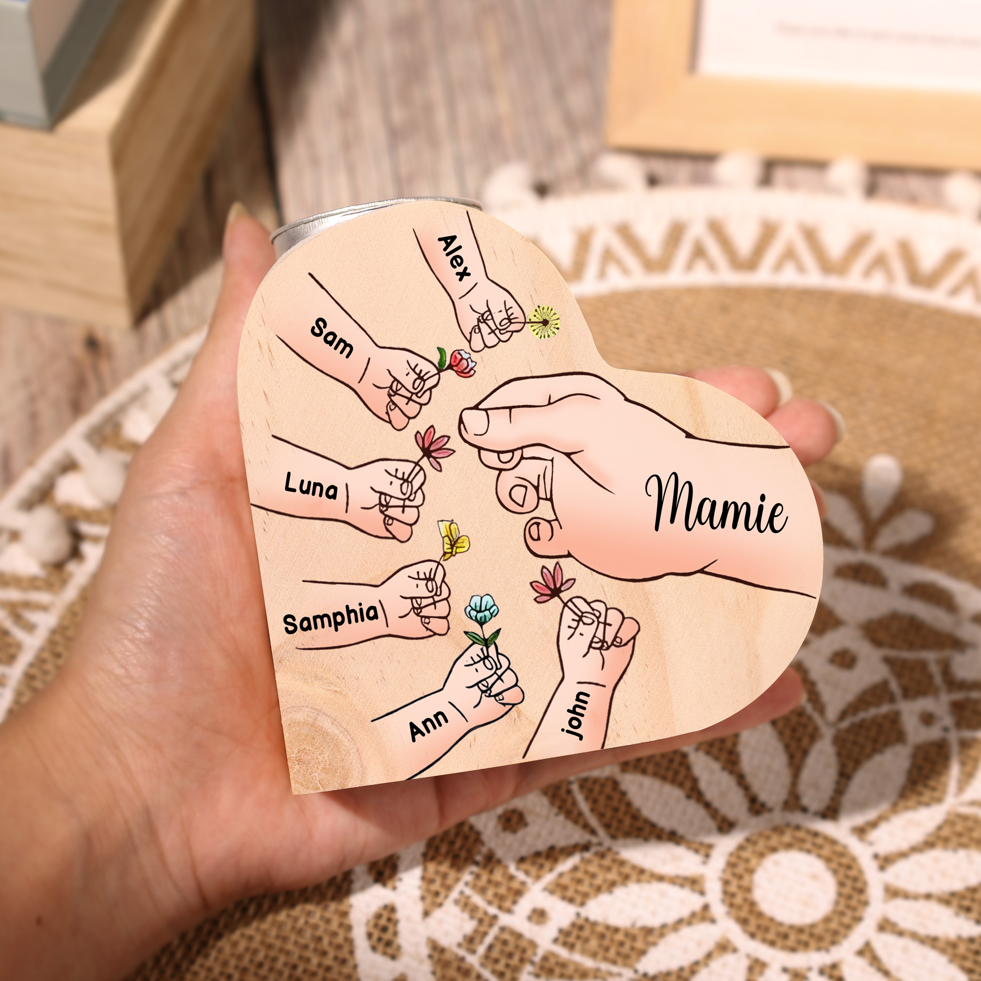 À Ma Maman/Mamie - Bougeoir en Bois Mains et Enfants 7 Prénoms Personnalisés pour Famille sans bougie