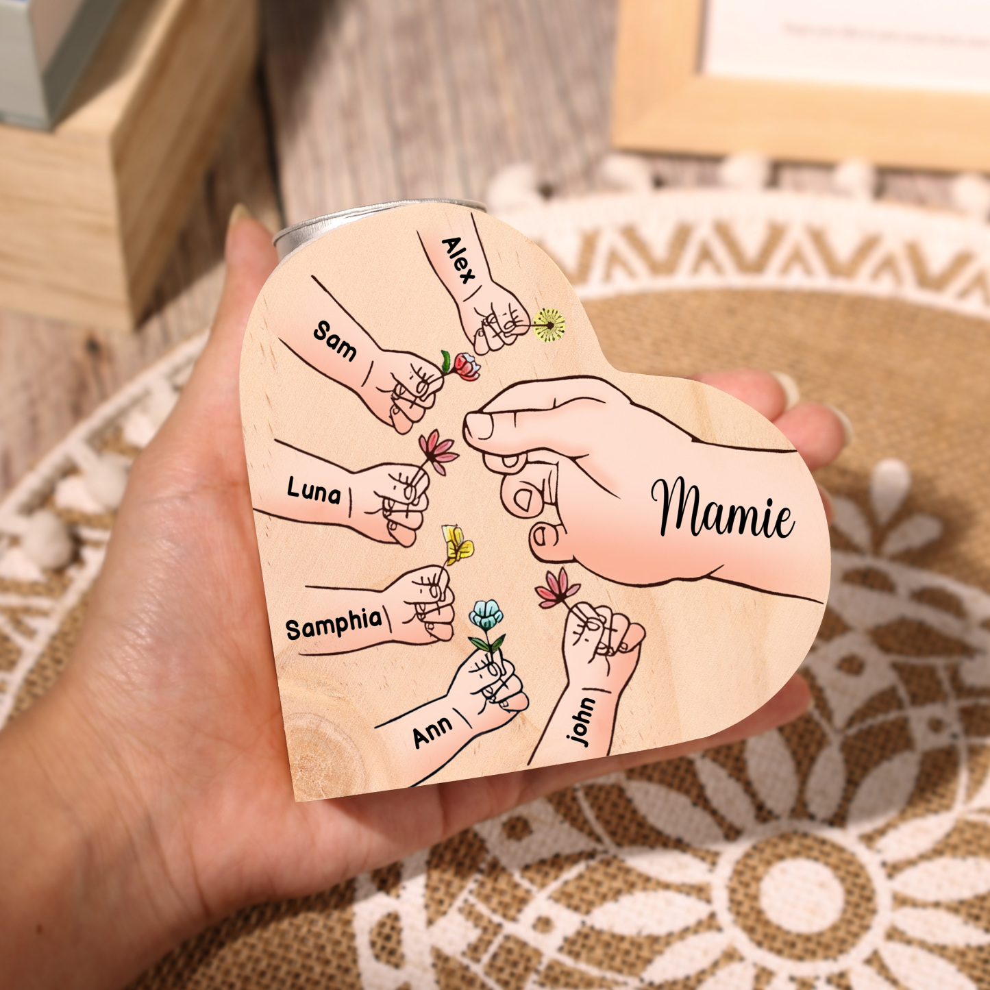 À Ma Maman/Mamie - Bougeoir en Bois Mains et Enfants 7 Prénoms Personnalisés pour Famille sans bougie