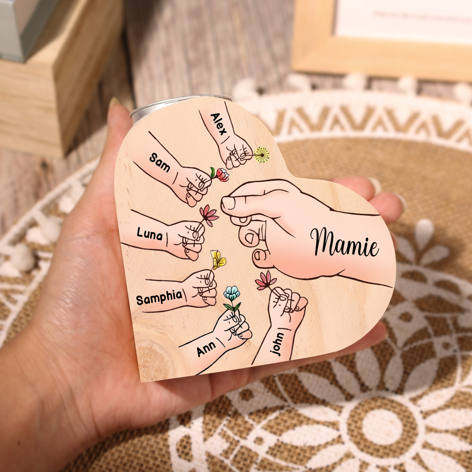 À Ma Maman/Mamie - Bougeoir en Bois Mains et Enfants 7 Prénoms Personnalisés pour Famille sans bougie