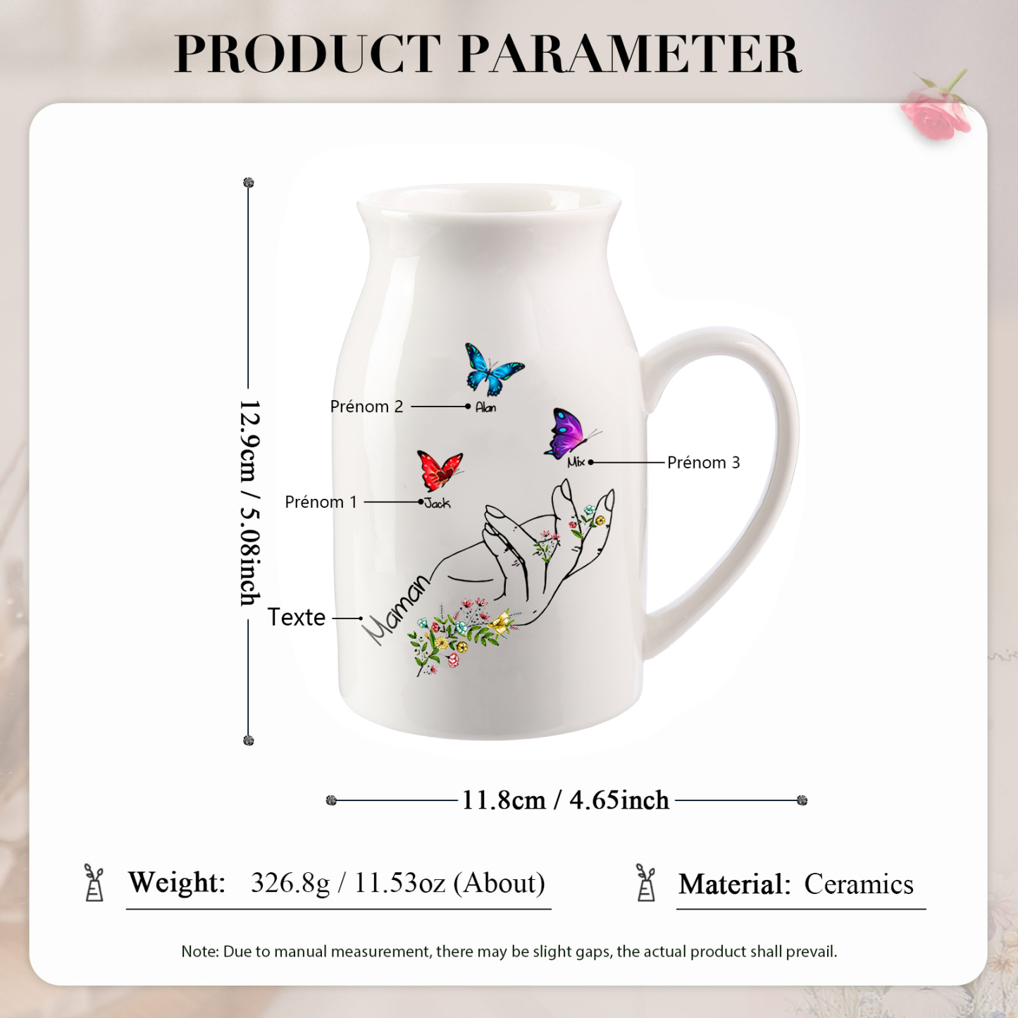 Vase à Fleurs Mains et Papillons 3 Prénoms Personnalisés avec Texte Décoration de la Maison