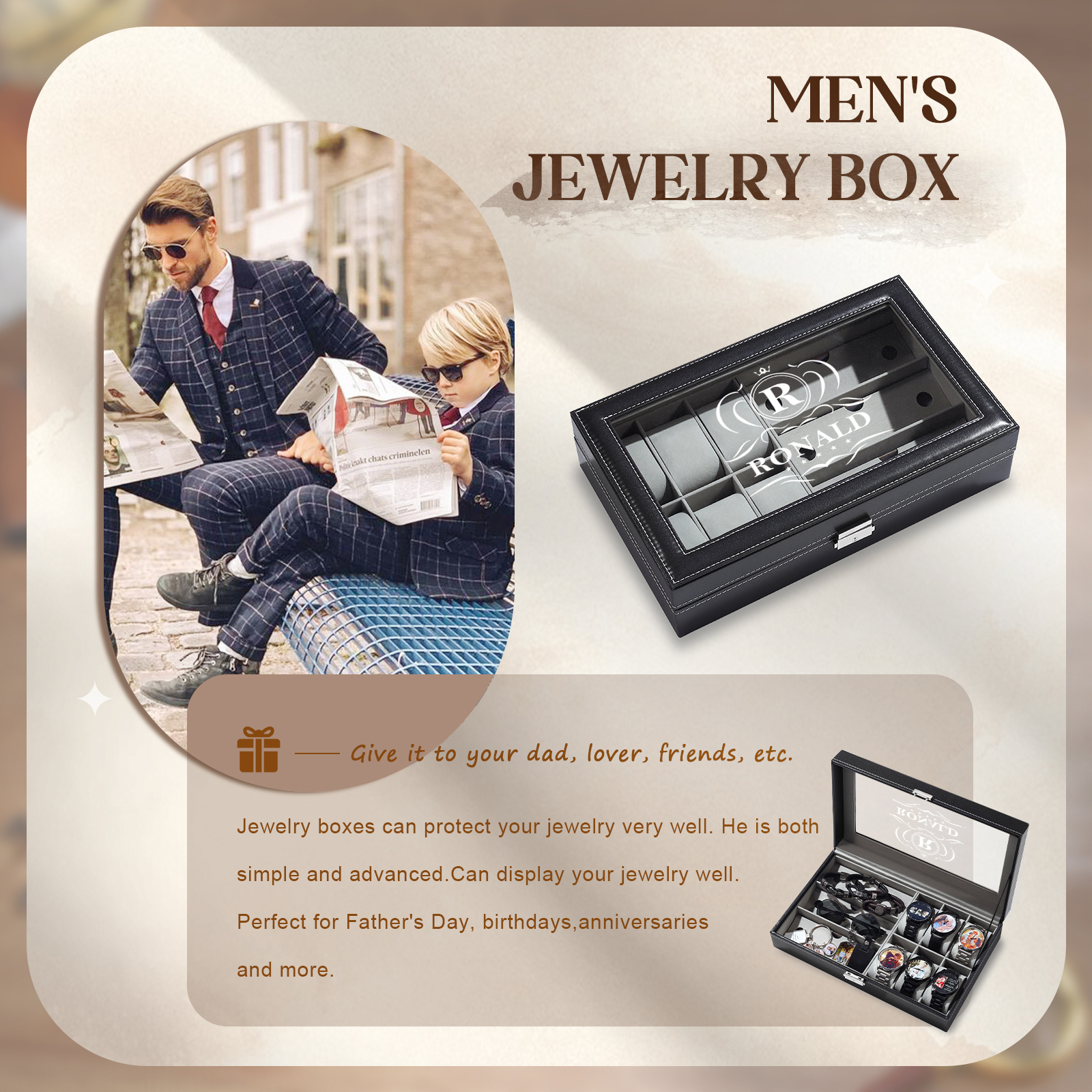 Boîte à Montre et Bijoux 1 Lettre et Texte Personnalisés Coffret Cadeau pour Hommes