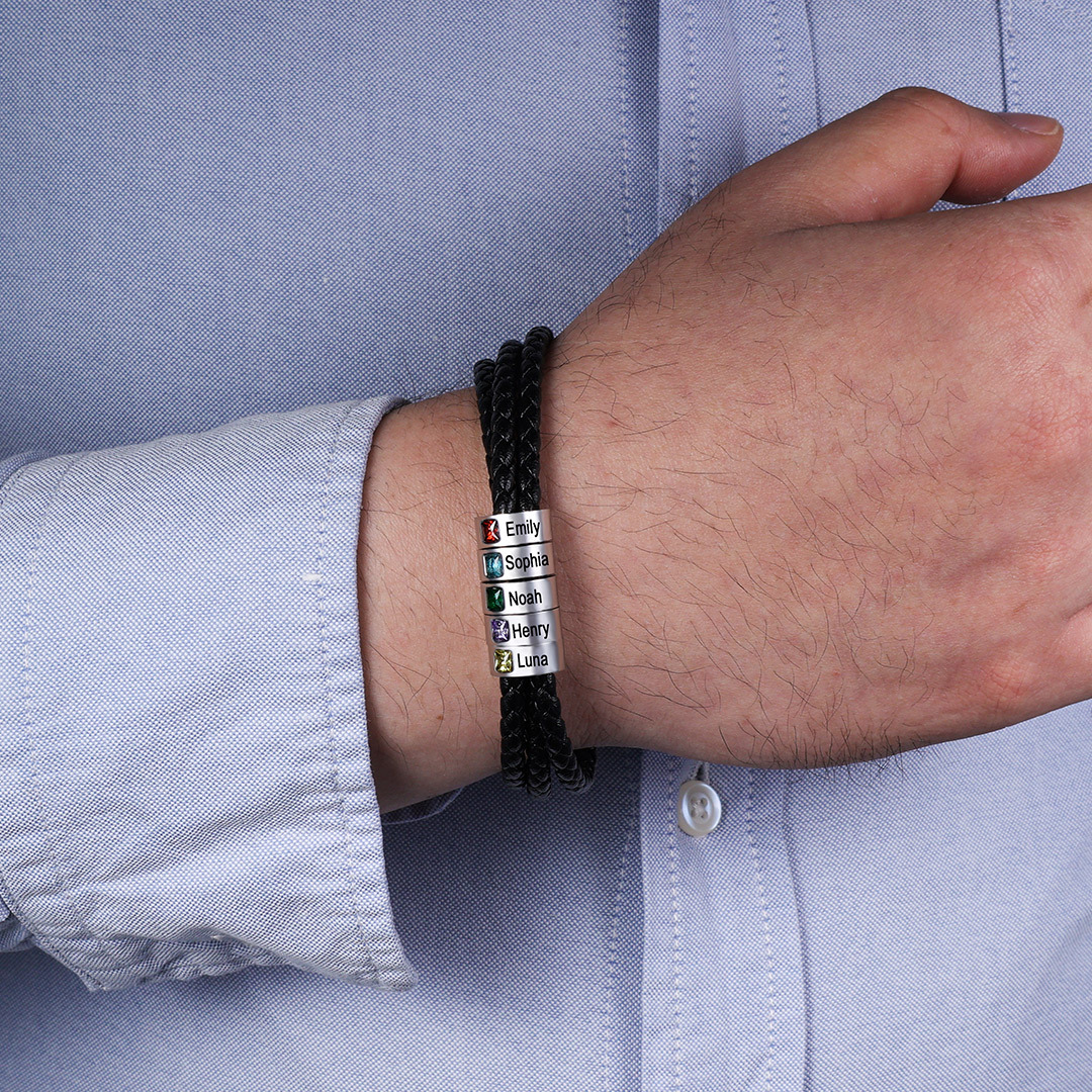 Bracelet 4 Prénom Personnalisé Avec 4 pierre de naissance Bracelet Homme