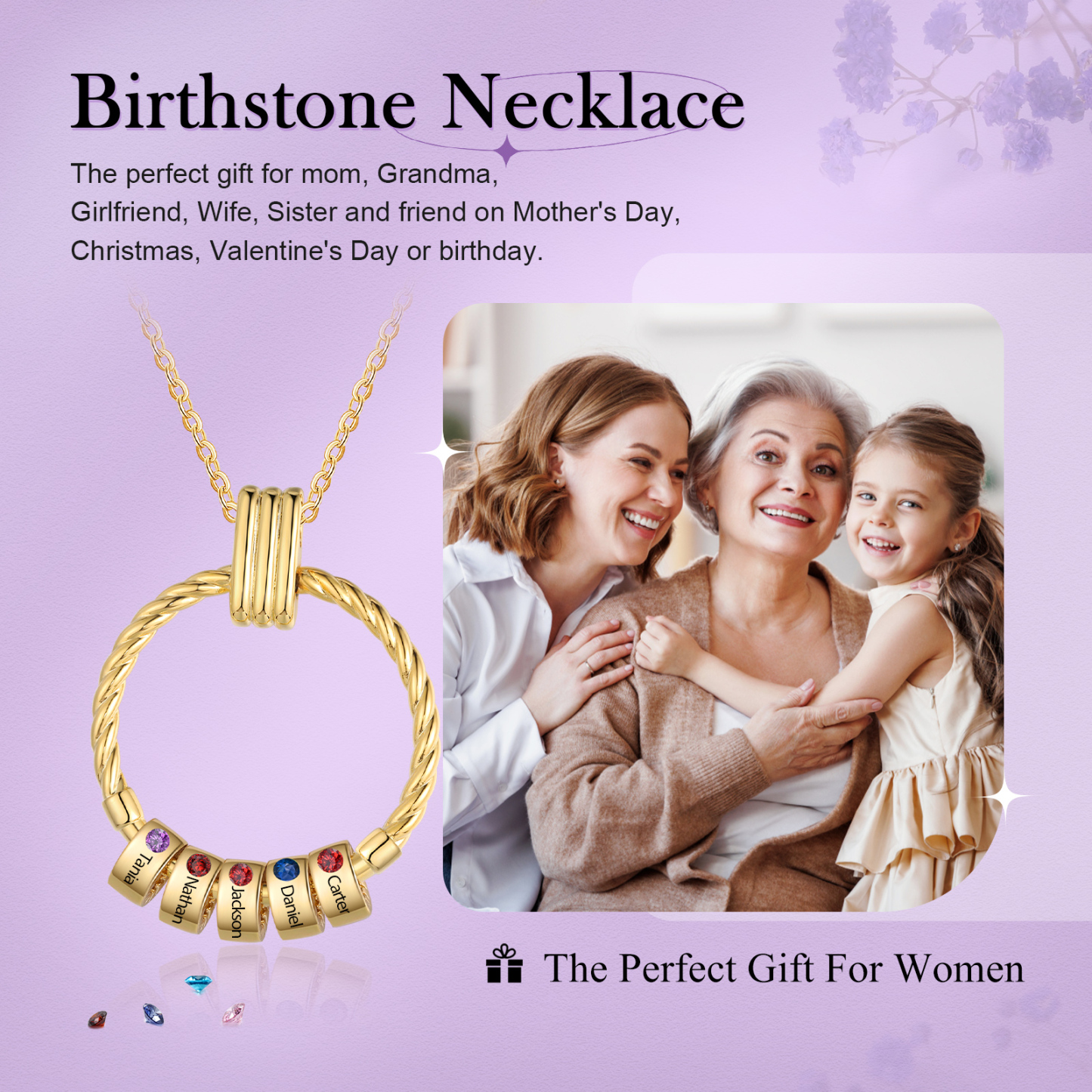 Collier Pendentif 5 Prénoms et Perles Personnalisés avec Pierres de Naissance Collier Femmes