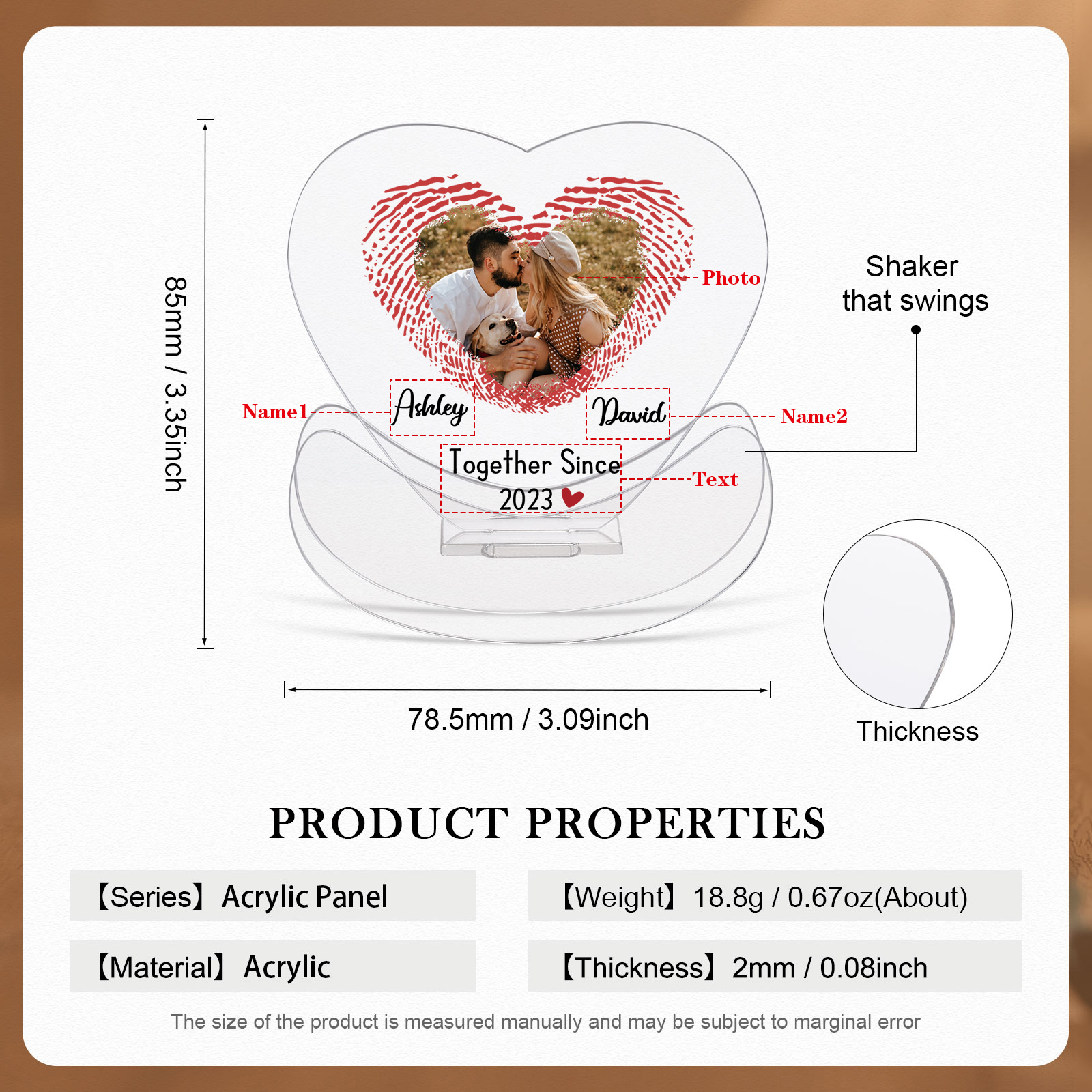 Ornements Panneau Acrylique 2 Prénoms et Photo Personnalisés avec Texte pour Couple