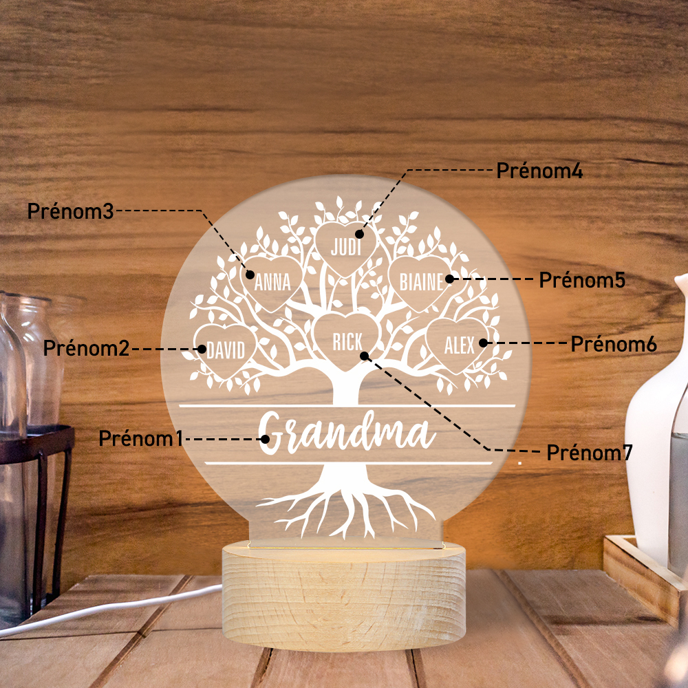 À ma Mamie/Maman - Lampe de chevet Arbre de vie LED Lumières 7 Prénoms Personnalisés pour Famille