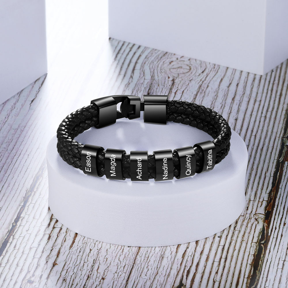 À mon homme - Bracelet en cuir tressé à perles personnalisé pour petit-ami / mari avec 7 prénoms gravés