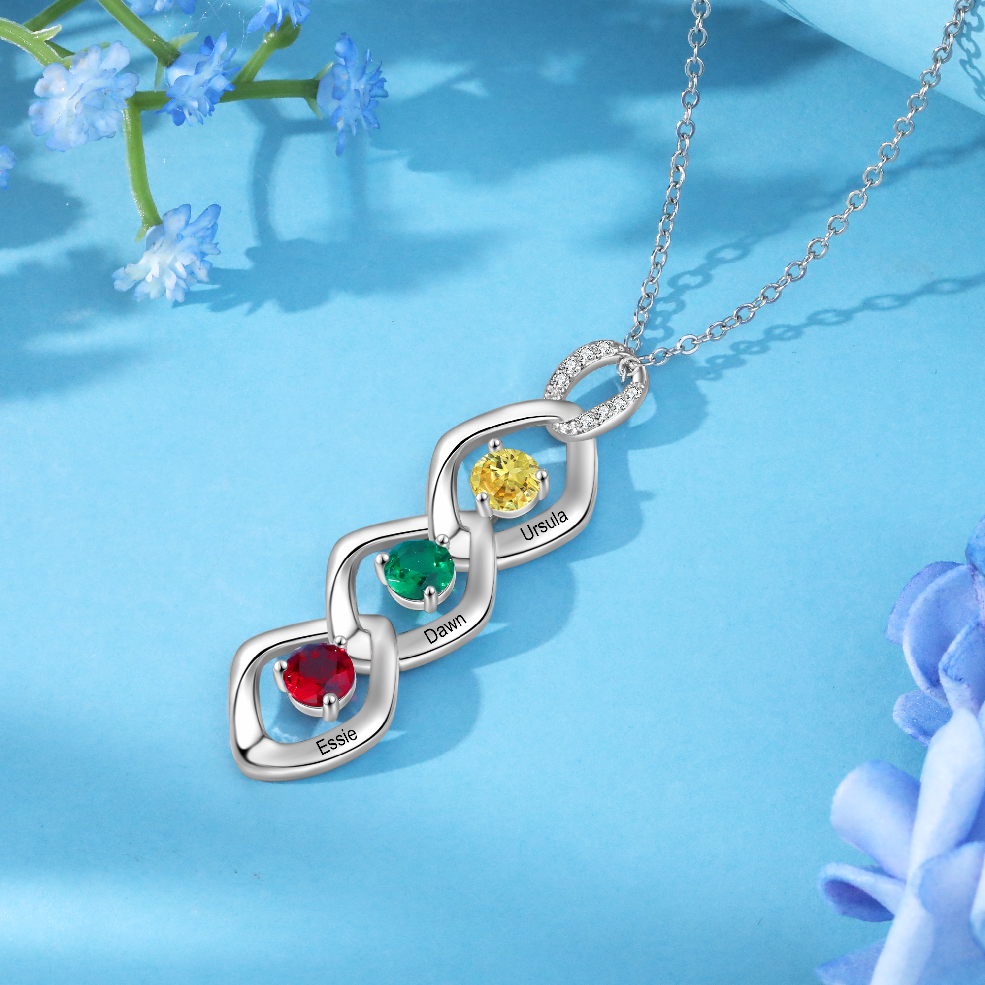 Collier Pendentif 3 Prénoms Personnalisés avec Pierre de naissance pour Femmes
