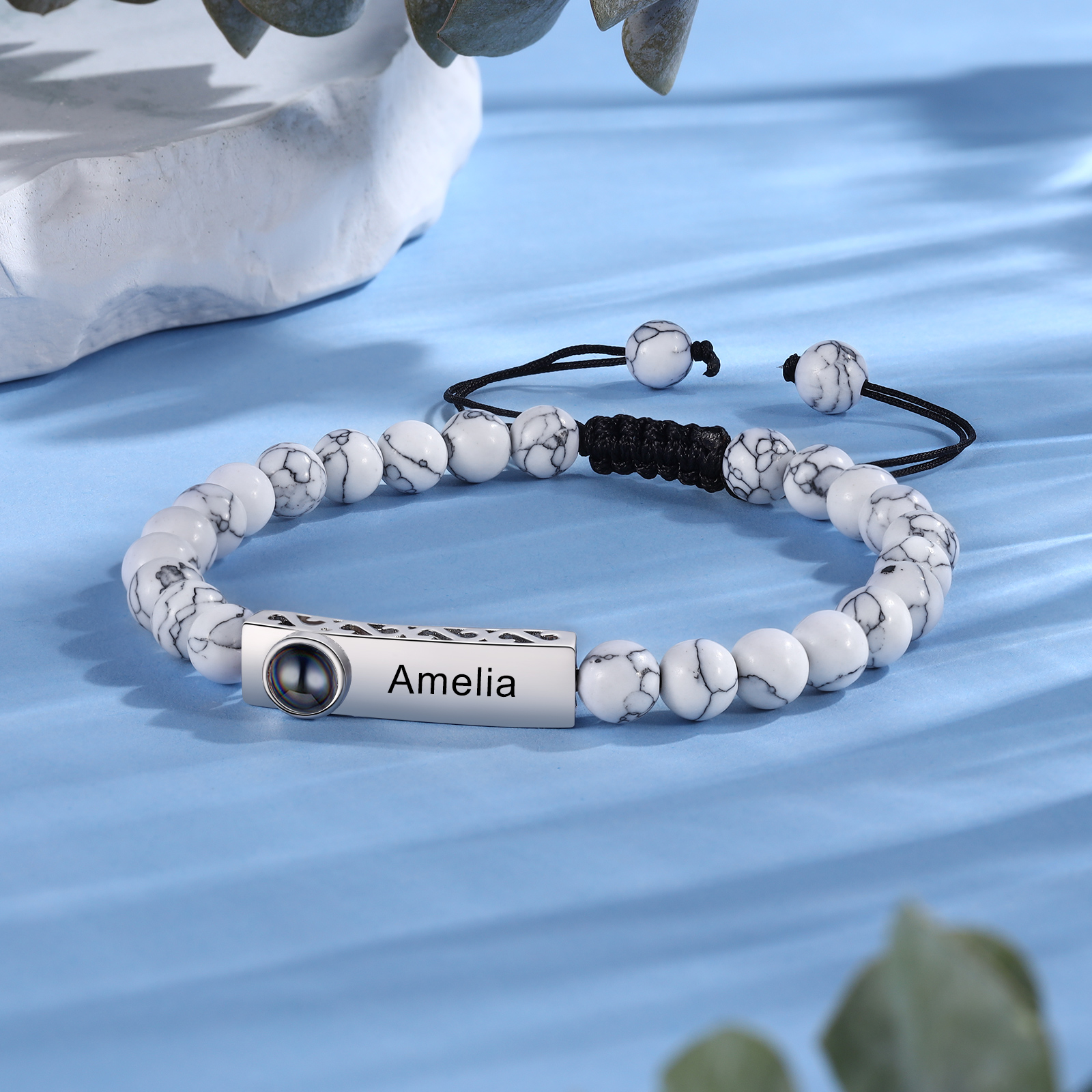 2PCS Bracelets Projection de Pierres 2 Prénoms et 1 Photo Personnalisés pour Couple