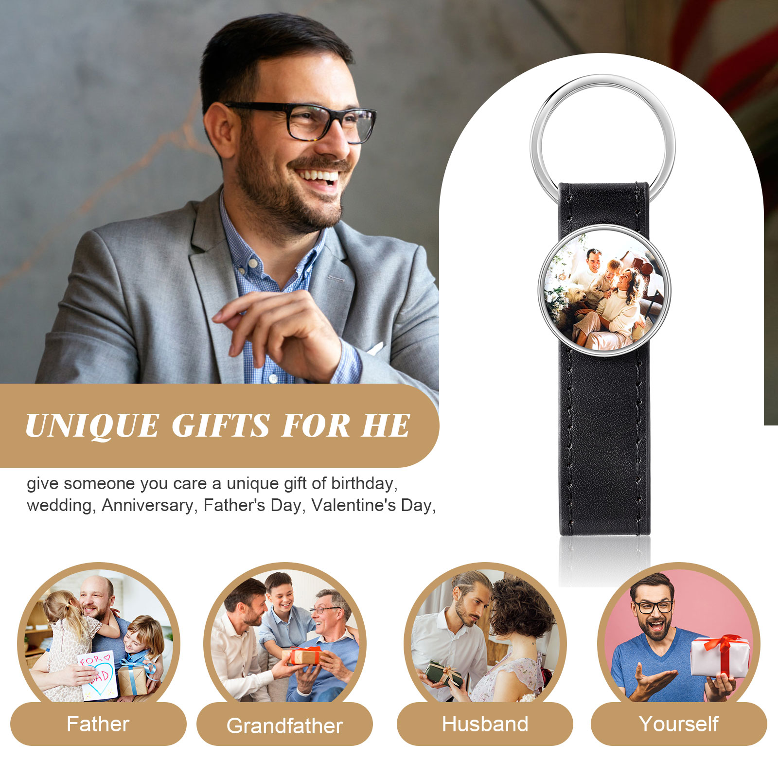 Porte-Clés Cuir PU Rond Photo Personnalisée Porte-Clés Homme