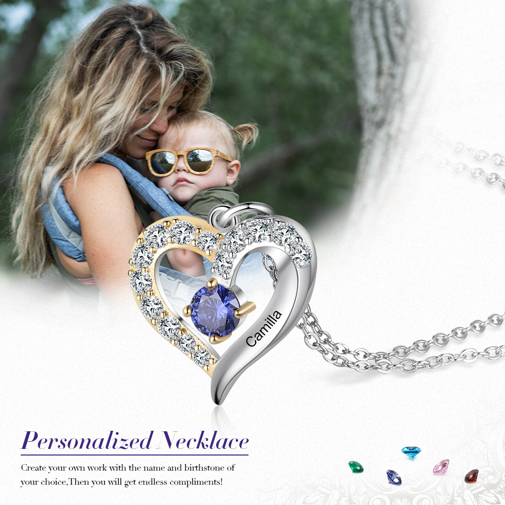 Collier Prénom cœur Argent 925 1 Prénom 1 pierre de naissance