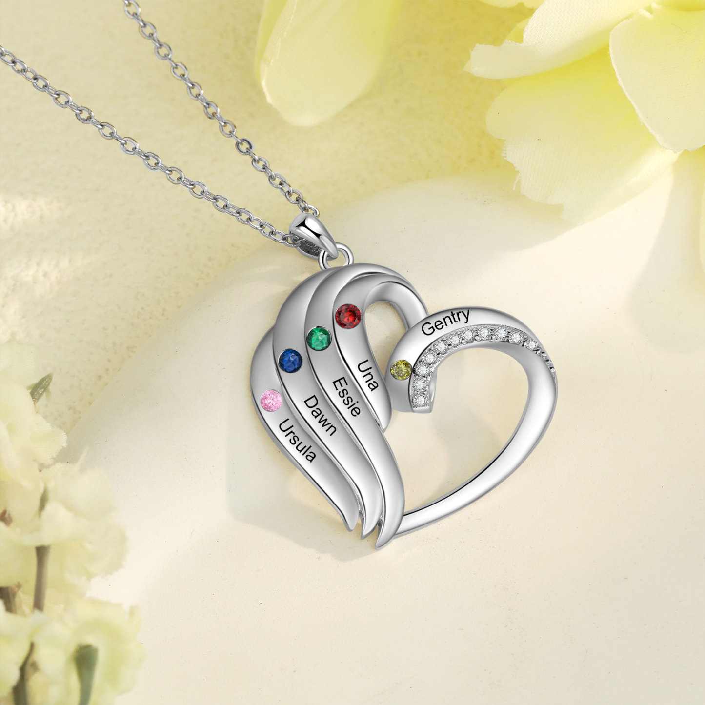 Collier Coeur 5 Prénoms Personnalisés avec Pierre de naissance pour Femmes|Jessemade
