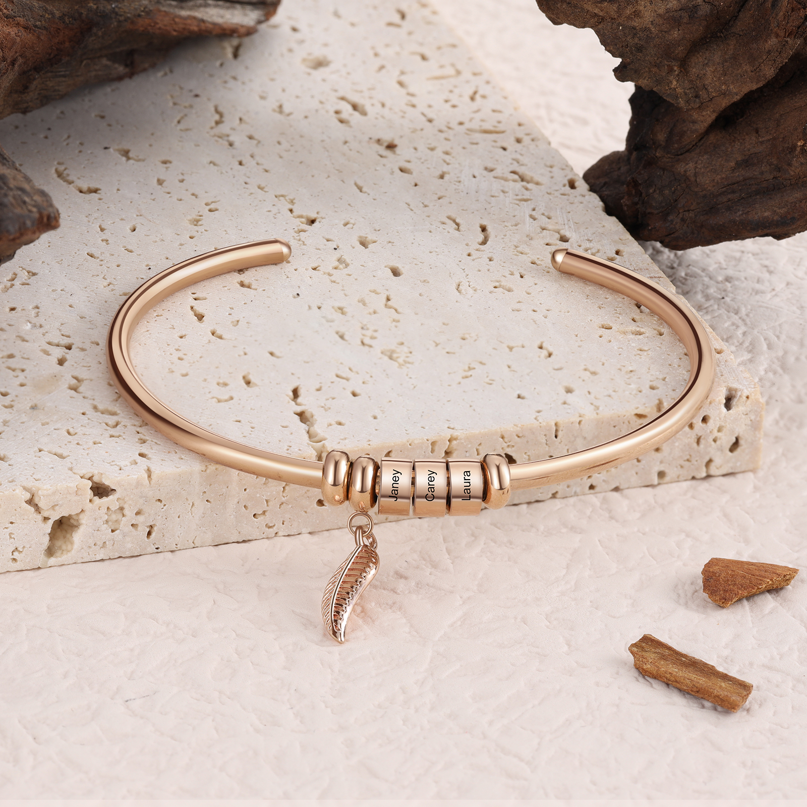 Bracelet jonc breloque feuille Bracelet Personnalisé Femme 3 prénom personnalisé｜Jessemade