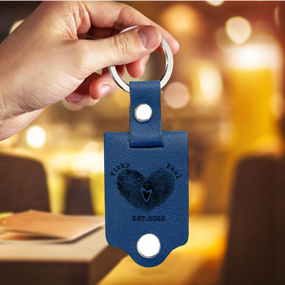 Porte-Clés Cuir 2 Prénoms et 1 Photo Personnalisés avec Date et Texte pour Couple | Jessemade