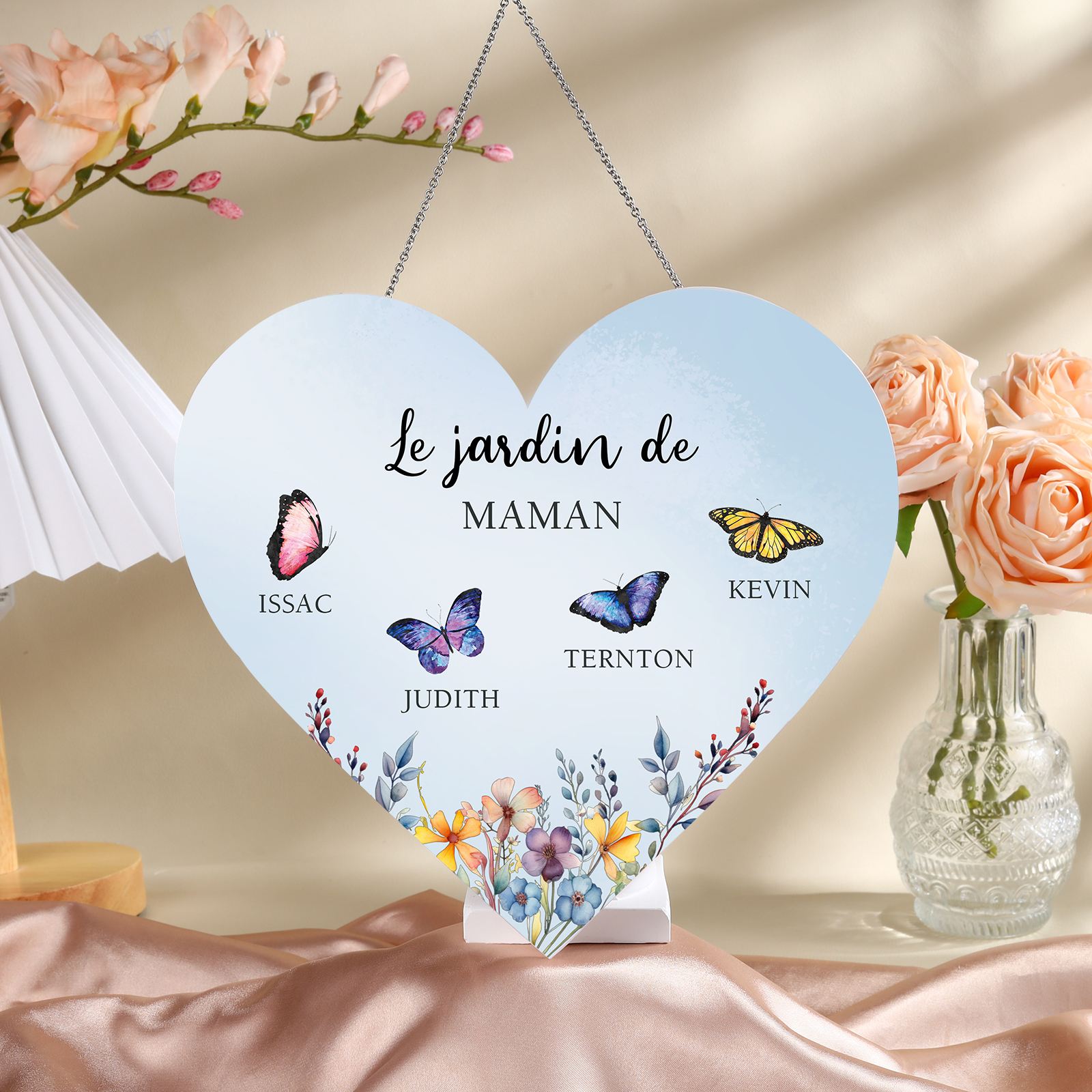 À Maman/Mamie - Veilleuse Cœur Décoration Fleur et Papillon 4 Prénoms Personnalisés avec 1 Texte