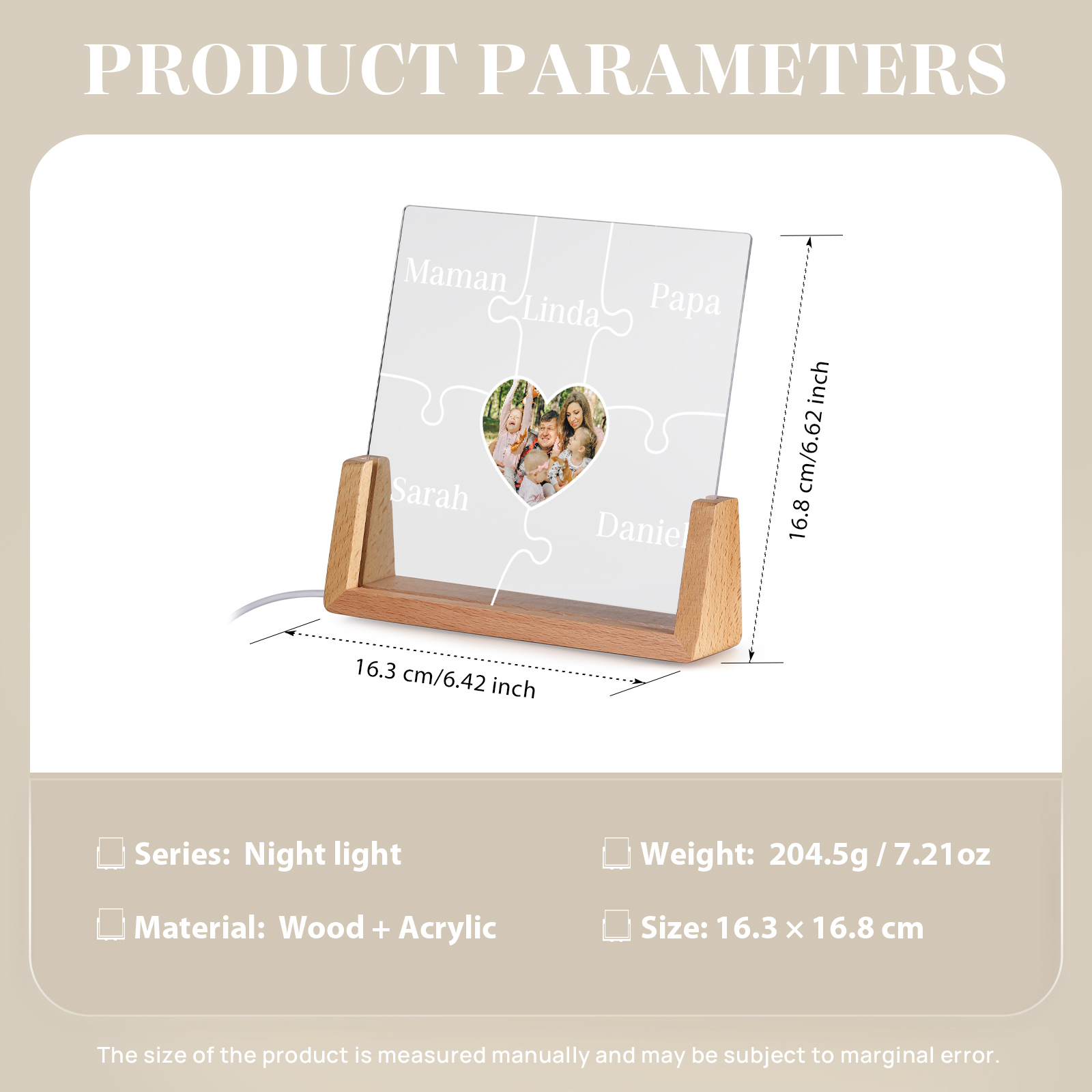 Lampe de chevet LED Puzzles 5 Prénoms Personnalisés avec Photo pour Famille