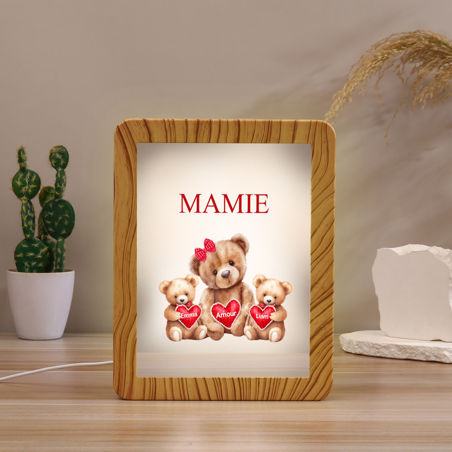 Cadre Photo/Miroir LED Multifonctionnel Ours 2 Prénoms Personnalisés avec Texte pour Famille