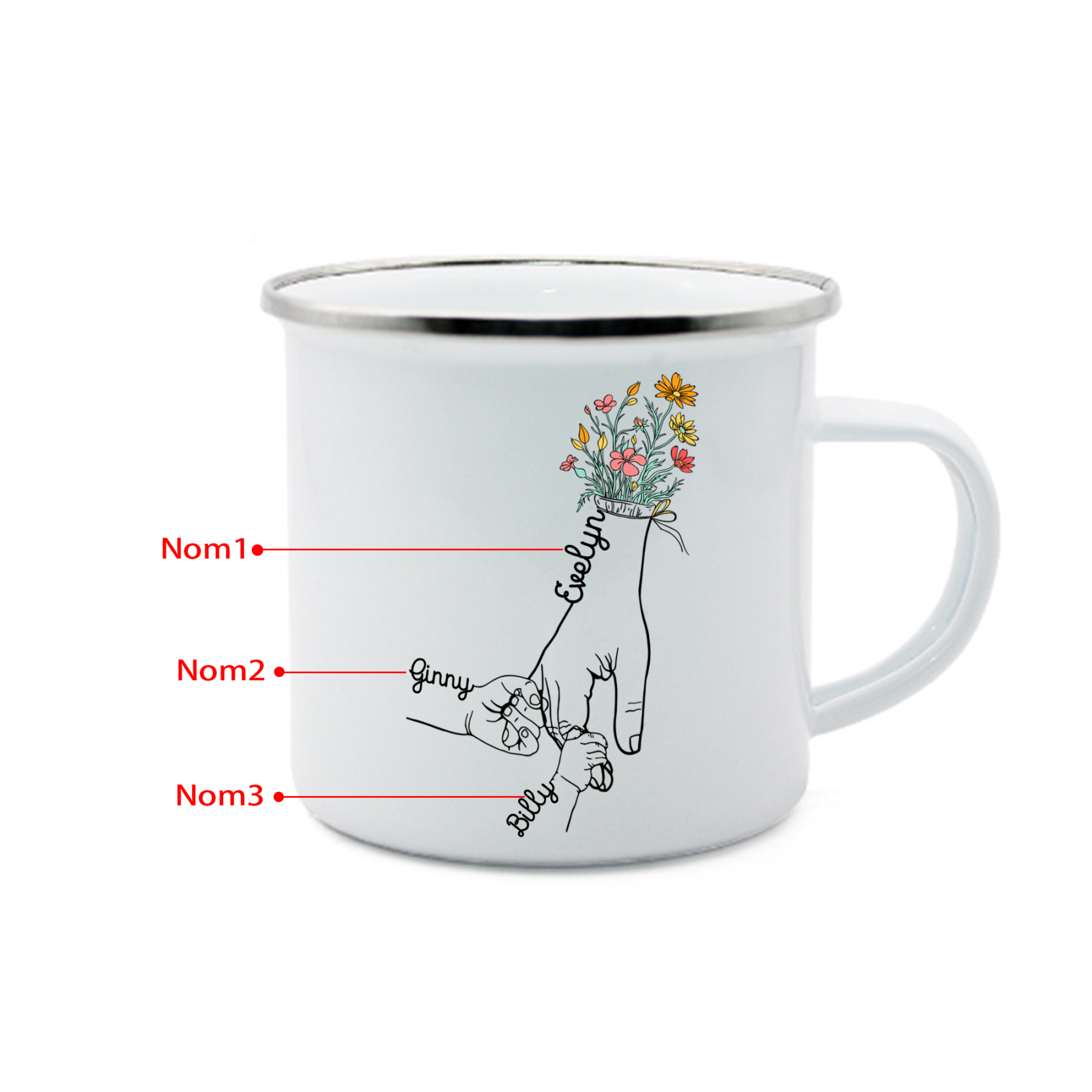 À Maman/Mamie - Tasse émaillée la Main dans la Main 3 Prénoms Personnalisés