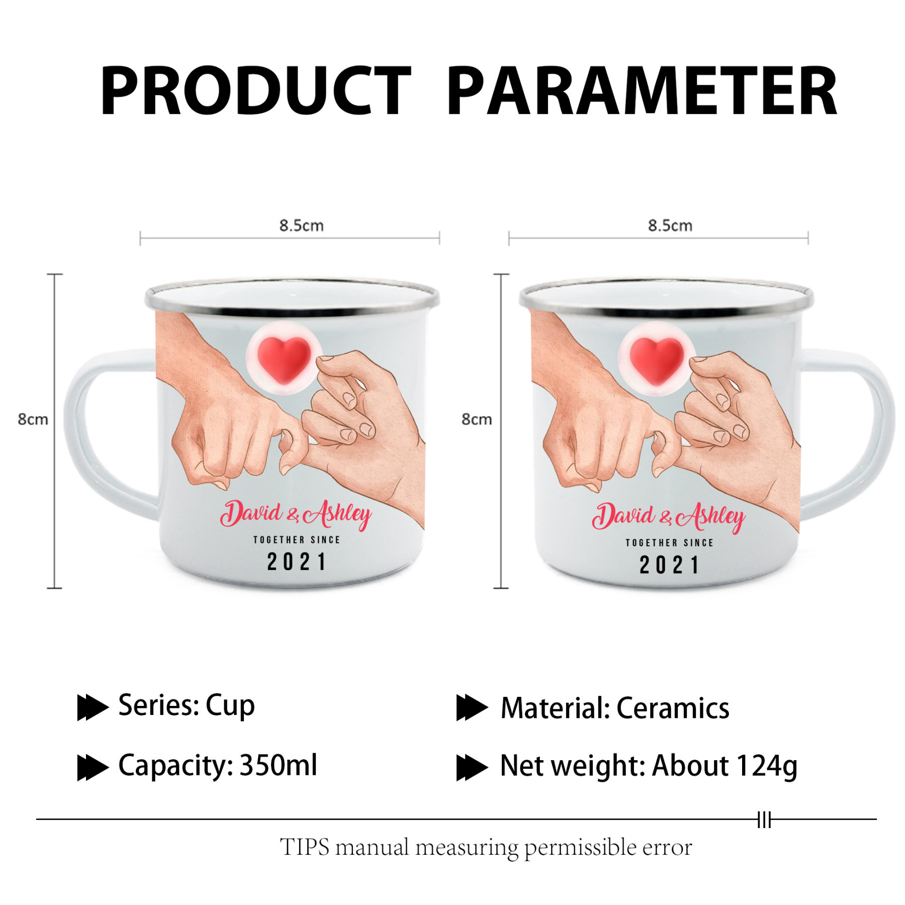 Tasse émaillée 2 Prénoms Personnalisés avec Texte et Année pour Couple promesse du petit doigt