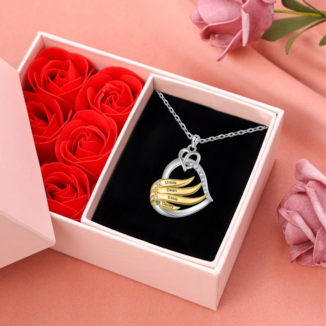 Collier Pendentif Cœur et Ailes Collier Personnalisé Femme avec 4 Prénoms et Pierres de naissance|Jessemade
