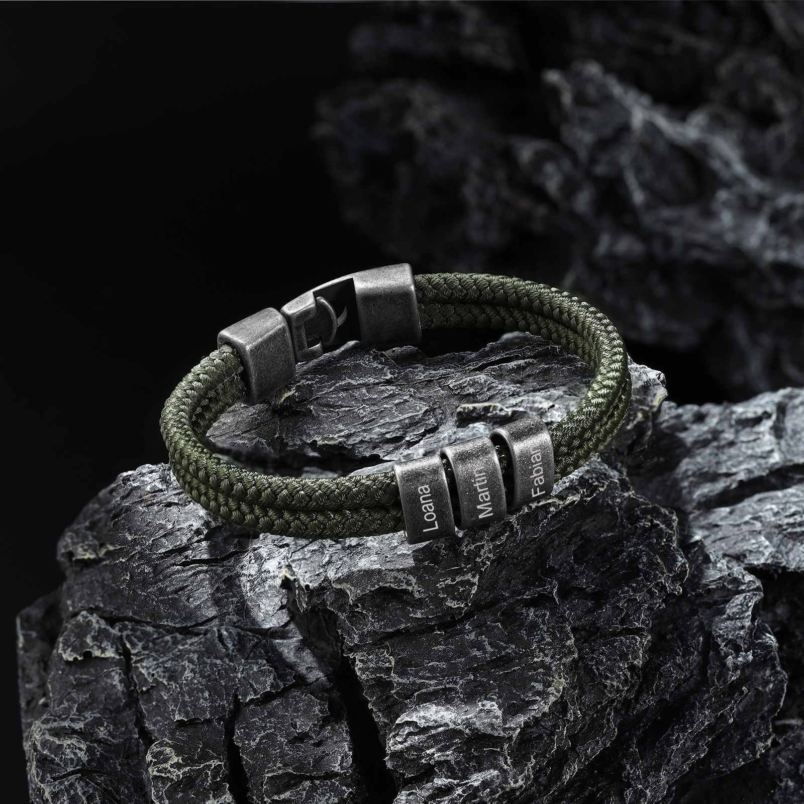 Bracelet 2-4 Noms Personnalisés Bracelet Vintage Homme en Corde Vert foncé