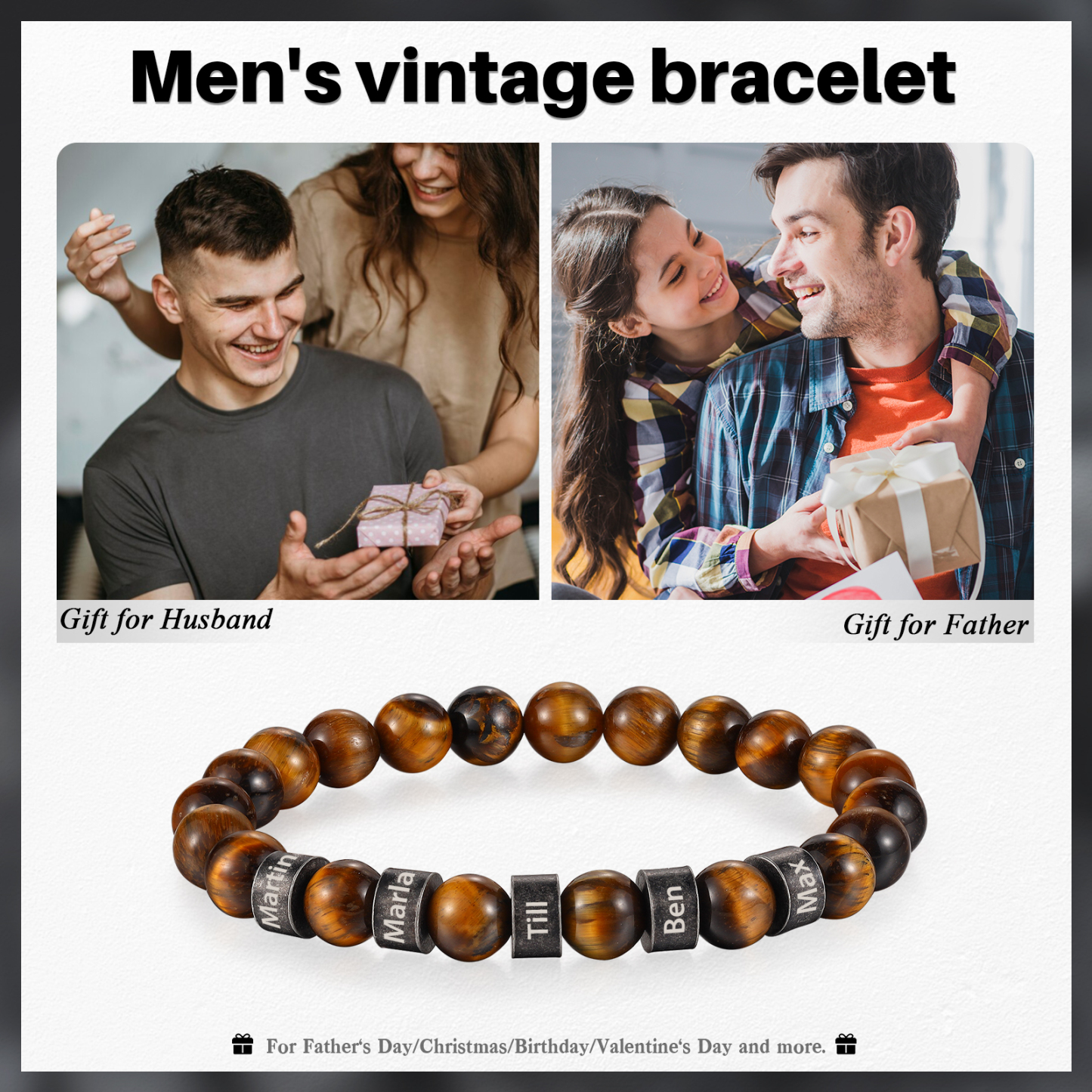 Bracelet d'Oeil de Tigre avec 5 Prénoms Personnalisés pour Homme